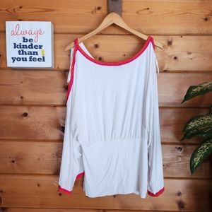 Bebe 💜Treacy Boat Neck Cold Shoulder Split Sleeve Top Stretch White Blouse Sz L